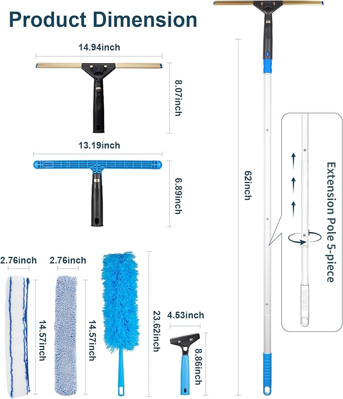 Window Cleaning Kit,Swivel Squeegee & Scrubber with Extension Poles,Foldable Bucket,Blendable Duster,2 Scrubber Pads & Cleaning Cloth, Glass Scraper Cleaning Tool Kit for Window Glass Mirror Car