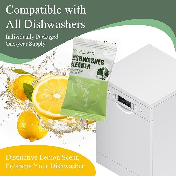 24 PCS Dishwasher Cleaner and Deodorizer Tablets, with Sink Drain Filter Basket, Deep Cleaning Formula Tablets for Removing Limescale, Odor, Smell, Hard Water Residue(Lemon-Scented)