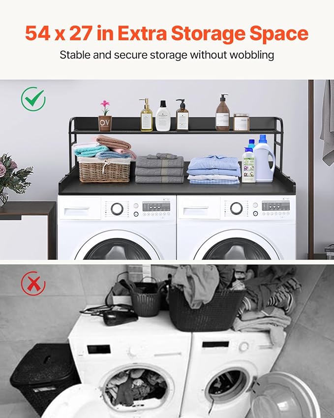 VEVOR Washer Dryer Countertop with 2-Tier Shelf, 54" x 27" Wooden Washer and Dryer Countertop with Anti-Slip Pads, Water-Resistant Laundry Topper Cover for Laundry Room Organization and Storage, Black