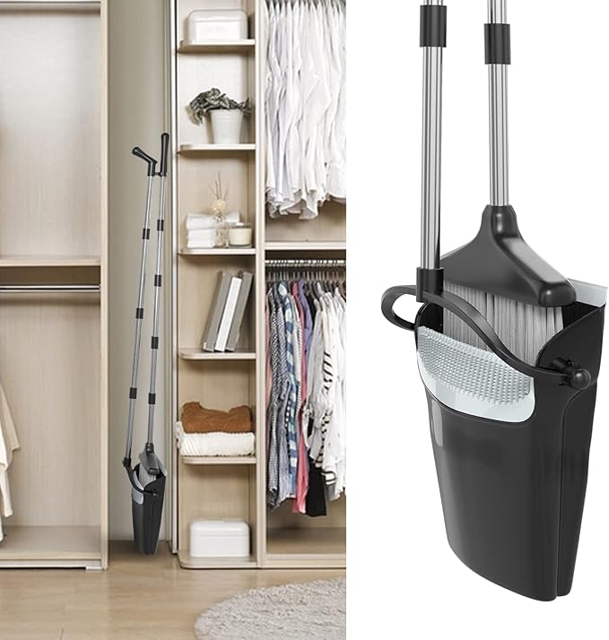 Broom with Dustpan Combo Set 54” Long Handle Household Dust Pan for Home Office Kitchen Cleaning （Black & Grey）