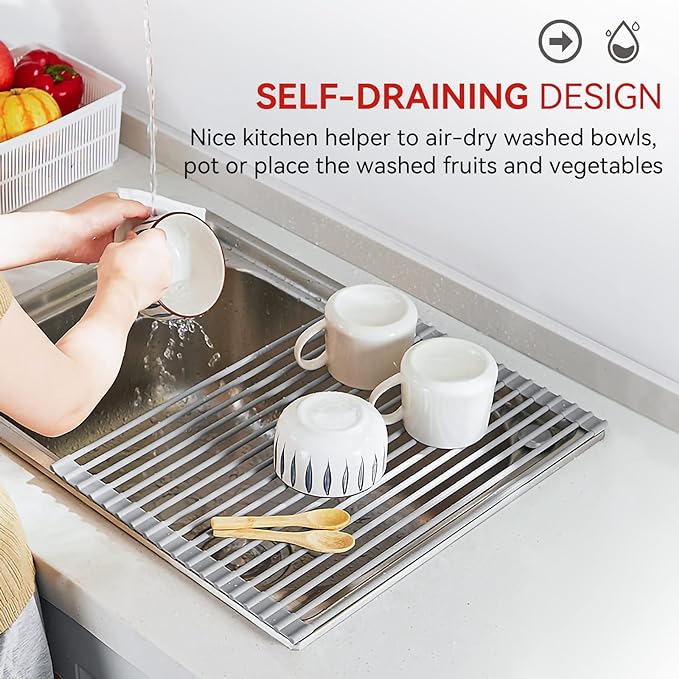 MERRYBOX Roll Up Over The Sink Dish Drying Rack Silicone Wrapped Foldable, Heat-Resistant, Anti-Slip Sink Rack Multipurpose Dish Drainer for Kitchen Sink Counter - Grey, 17.5" x 11"