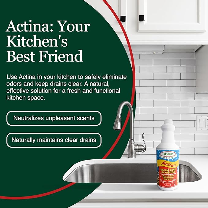 Medina Actina Toilet Clog Remover - Natural Sink Drain Cleaner Liquid for Effective Waste Digestion and Odor Control - Reduced Maintenance in Shower Drain Clog Remover (32 OZ)