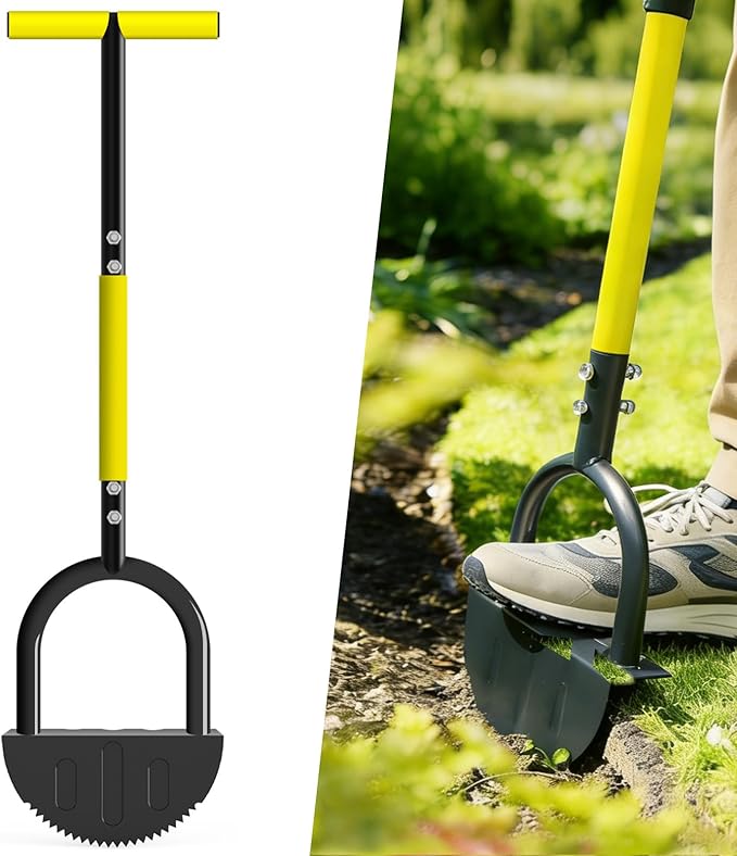 Houselife Half Moon Edger for Landscaping, 42" Manual Grass Edger Tool with V-Shape Serrated Blade, Long Handle Garden Edger for Sidewalk, Driveway & Flower Bed, 9" Wide Footplate