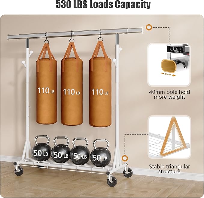 Gewudraw Heavy Duty Clothes Rack, 530 lbs Load Capacity Metal Garment Rack on Wheels - Collapsible Adjustable Portable Storage with Hooks, White