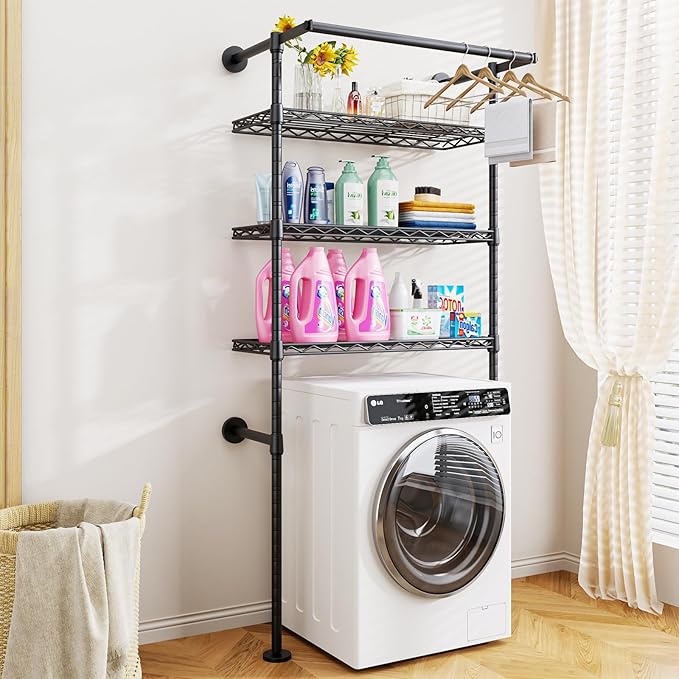 ULIFHOME U17 Wall-Mounted Over Washer and Dryer Storage Shelves, Without Moving Washer or Dryer Laundry Room Storage Rack with Hanger Rod, 35" W x 22" D x 86.2" H, Holds 352 lbs, Black