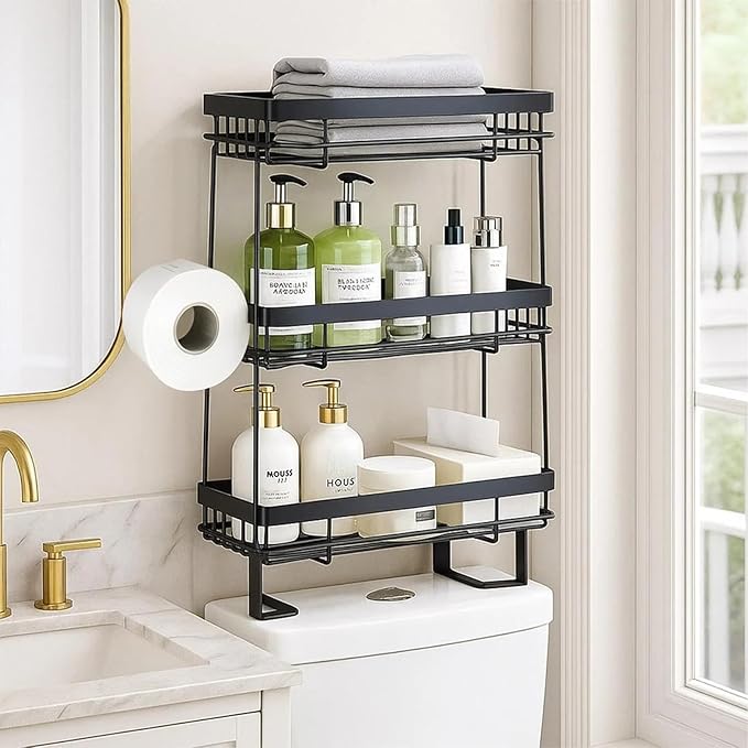 PowerKing Over The Toilet Storage Shelf, 3 Tier Bathroom Organizer Rack, No-Drill, Rust-Resistant Steel, Toilet Paper Holder for Restroom Bathroom, Black