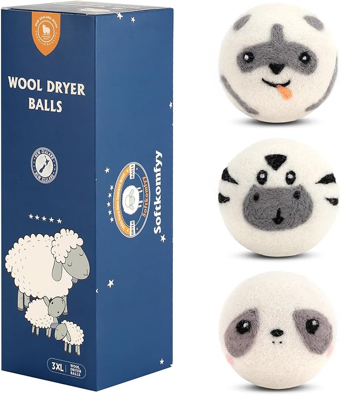 Wool Dryer Balls Handmade 3 Pack XL,Organic Laundry Dryer Balls,100% New Zealand Wool Natural Fabric Softener,Reusable 1000 Loads,Wrinkles Free, Shorten Drying Time,Baby Safe (3 Pack XL,Cute Animals)