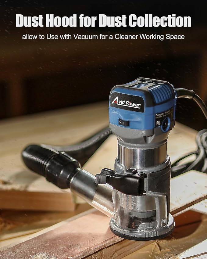AVID POWER 6.5 Amp 1.25 HP Compact Router Tools for Woodworking, Fixed Base Wood Router with Trim Router Bits, 6 Variable Speeds, Edge Guide, Roller Guide, Dust Hood (Blue, 65mm)