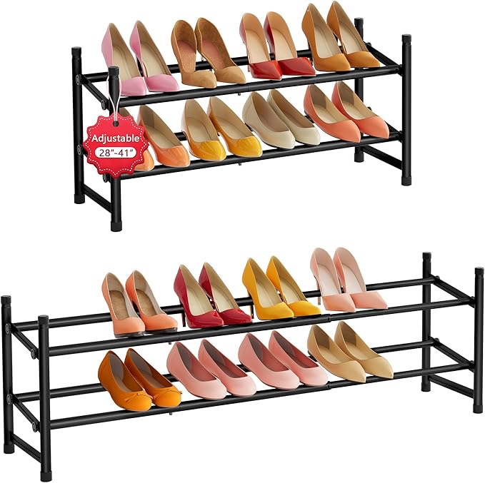Tajsoon Expandable Shoe Rack for Closet 2 Tier, 28“-41“ Adjustable & Stackable Shoe Shelf Storage, Metal Shoe Rack Organizer for Front Door Entrance, Closet, Garage, Entryway, Black