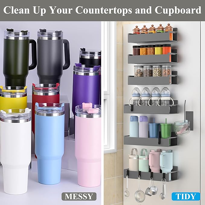 Magnetic Water Bottle Holder for Refrigerator, Cup Holder Organizer for Stanley and Tumbler for Kitchen, 6 Pack, Dark Gray
