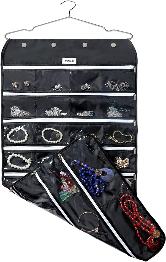 BB Brotrade Hanging Jewelry Organizer,Accessories Organizer,56 Zipper Pocket Organizer for Holding Jewelries (Black-Zipper)