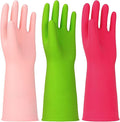 3 Pairs Rubber Cleaning Gloves Latex Free Dishwashing Gloves - 13" Reusable Nitrile Gloves Small, Green+Pink+Red