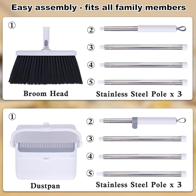 Heavy Duty Broom and Standing Dustpan Combo Set, Rotatable Head Dust Pan and Brush Set with Collapsible Handle, Cleaning Teeth, Hanging Loop, Ideal for Pets, RV, Kitchen, Camping, Outdoor Floor, White