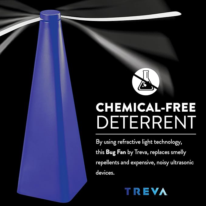 Treva Chemical Free Bug Fan Fly Repellent/Deterrent with Holographic Blades to Clear Bugs, Mosquitoes, and Flies, Battery Powered Fly Fan