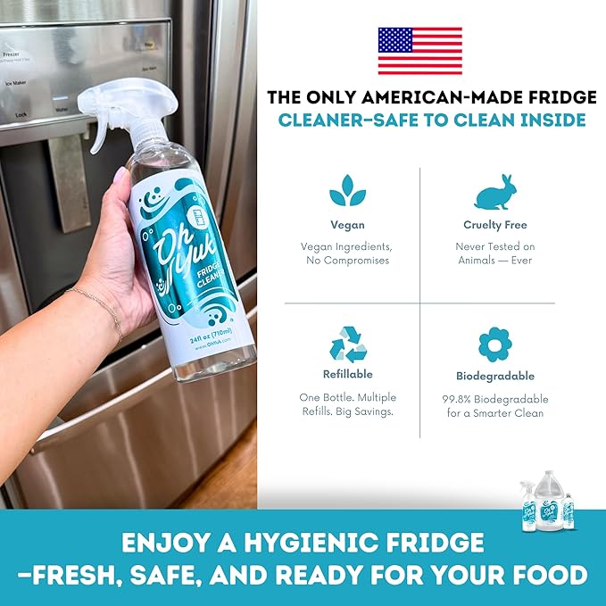Oh Yuk Fridge Cleaner – Spray + Concentrate Combo | Makes 5 Bottles | Cleans Inside Refrigerator for Spotless, Food-Contact Safe Surfaces | Biodegradable, Vegan | Tackles Sticky Messes & Dried-On Food