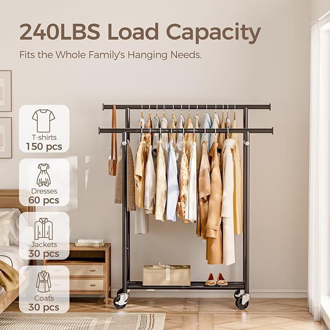 HYSEYY Clothes Rack, Double Rods Rolling Clothing Rack for Hanging Clothes, Portable Garment Rack with Wheels, Coat Rack Wardrobe Closet Load 240 LBS for Bedroom Laundry Room, Black