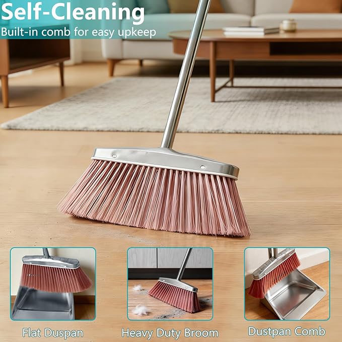Stainless Steel Broom and Dustpan Set, 2-Piece, Long Handle Standing Design with Comb Teeth, Heavy Duty Windproof Upright for Home, Kitchen, Indoor Outdoor Use (Silver Teeth)