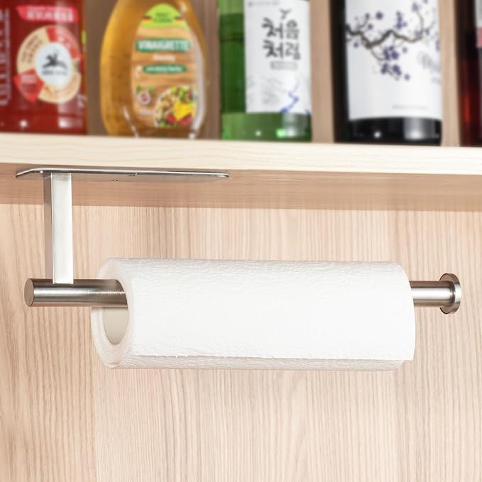 ASTOFLI Paper Towel Holder Under Cabinet No Drilling, Self Adhesive Paper Towel Holder Wall Mount for Kitchen Rack, Under Counter Napin Holder No Drill, RV, 304 Stainless Steel, Silver