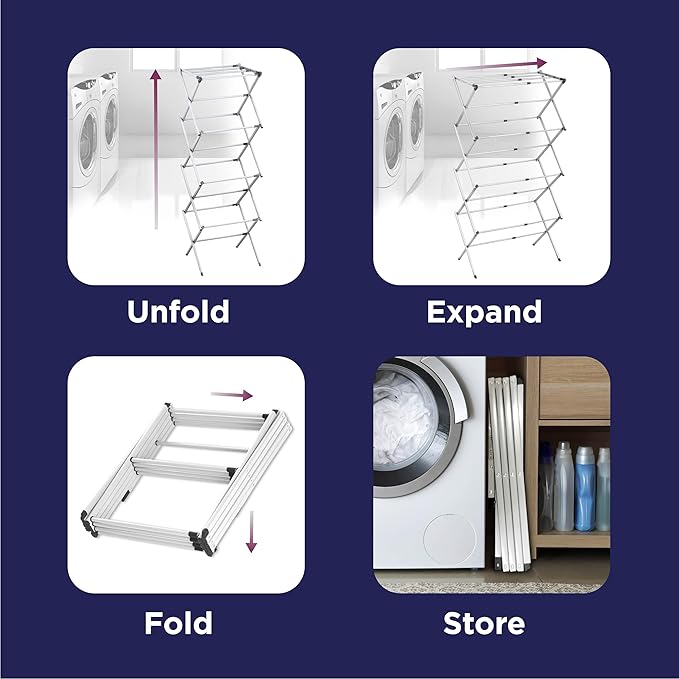 BLACK+DECKER 4-Tier Expandable Collapsible Clothes Drying Rack, Telescopic Height, Foldable Space-Saving Laundry Air Dryer for Towels, Shirts & Delicates – Durable Steel, No Tools Needed
