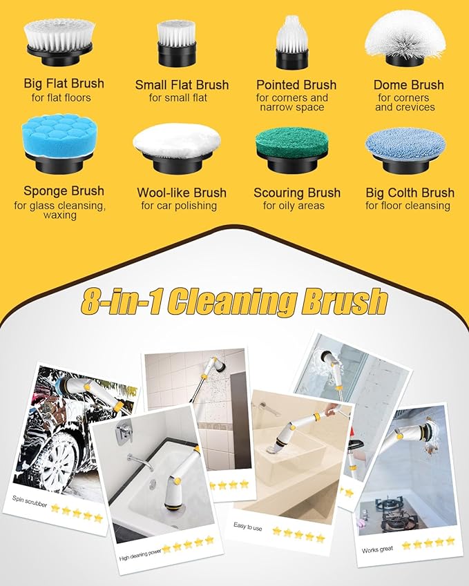 Qimedo Electric Spin Scrubber with Two Batteries Q2 Pro,1500 RPM High Power Electric Scrubber for Cleaning,Shower Cordless Cleaning Brush with Display for Tub/Tile/Floor (Effortless Handle/8 Brushes)