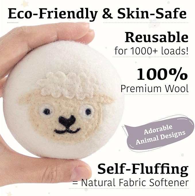 Wool Dryer Balls XL 6-Pack with Felt Box - 100% Pure Wool, Eco-Friendly Fabric Softener, Reduces Wrinkles & Drying Time, Anti-Static, Hypoallergenic, Reusable for 1000+ Loads (White Sheep)
