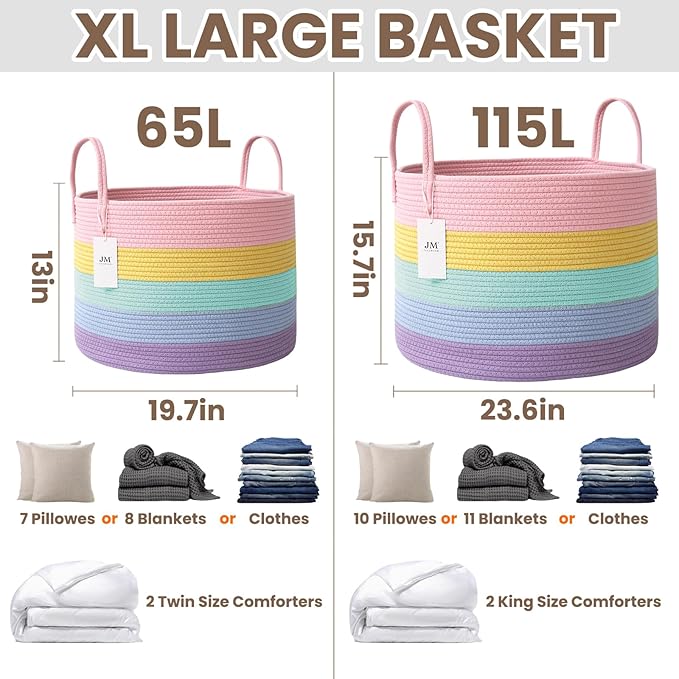 JMvicyroam 65L Extra Large Blanket Basket for Living Room - Woven Cotton Rope Laundry Hamper with Reinforced Handles - Storage Bin for Pillows, Comforters & Toys - Machine Washable,Rainbow