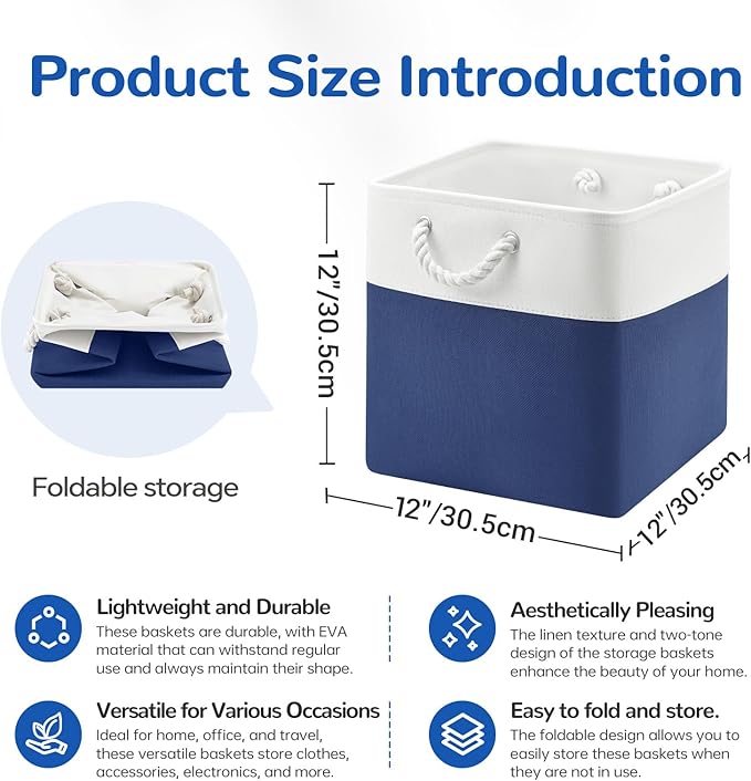 12 x 12 Inch Cube Storage Bins, 4 Pack Fabric Storage Basket with Handles, Foldable Boxes Organizer for Shelf Baskets for Home, Clothes (White/Blue)