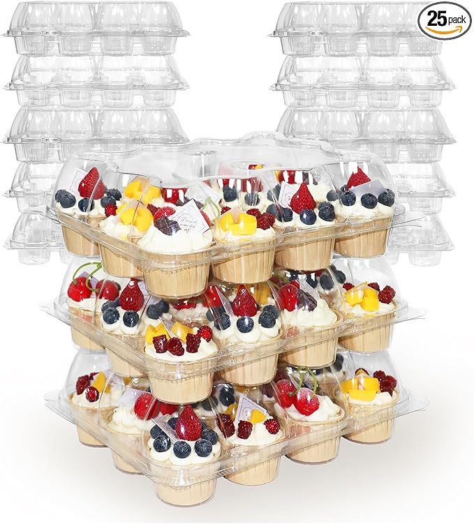 WIKDAY 12 Count x 25 Sets Plastic Cupcake Containers, Durable and BPA-Free Cupcake Holder with Lid for Easy Transport Storage, Stackable Clear Cupcake Carriers, Reusable Dessert Boxes