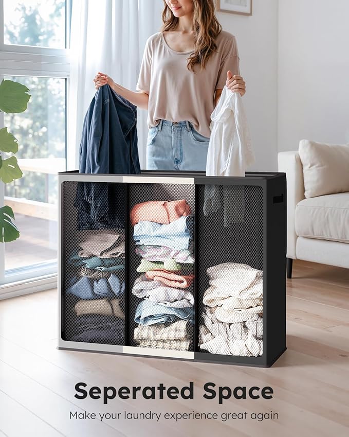 SOLEDI Laundry Hamper 3 section with lid and 3 Pcs Bag, Large Hamper 3 compartment 180L, Laundry Basket Laundry sorter Clothes hamper for Laundryroom Bedroom Blanket Storage Organizer