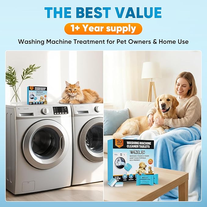 Washing Machine Cleaner Tablets - 30 Pack, 1+Year Laundry Use, Fits All Washers, Cleaning Drum & Tub Seal Removes Limescale, Odors & Buildup, Eco-Safe, Residue-Free, Pet-Friendly, Septic Safe