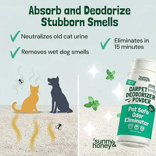 Sunny & Honey Carpet Deodorizer Powder - Pet Safe Freshener for Carpets, Pet Beds and Car Seats - Mint Odor Eliminator for Cat Urine and Wet Dog Smells (20 oz)