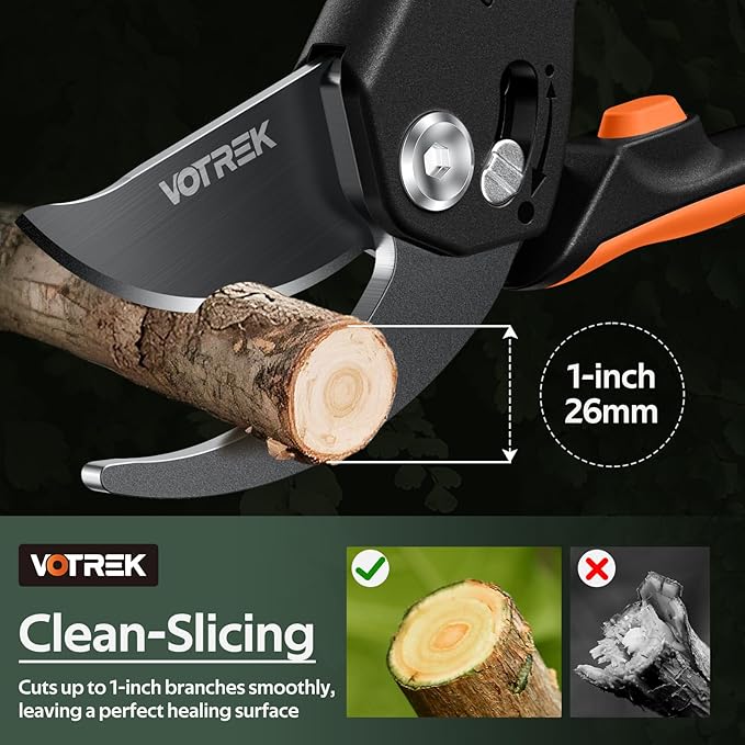 VOTREK® Pruning Shears, [Patented Stepless Handle Opening] - Garden Clippers with Ultra-Sharp SK5 Steel for Weak Hand, Pruners Universal Fit for All Hand Sizes, Effortlessly Cuts 1-Inch Branches