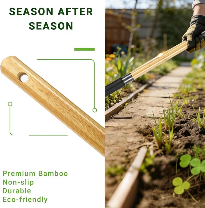 Weed Puller Tool, Heavy Duty Gardening Hand Tools with 4-Claw Steel Head & Dual-Eject Mechanism, 57.5" Bamboo Long Handle Stand Up Weeding Tool for Lawn Yard, Includes 16 Gallon Leaf Bag