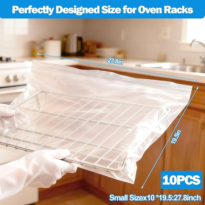 XANGNIER 10 Pack No Scrub Oven Rack Cleaning Bags with Side Zipper Opening,27.8 * 19.5 in,No Cleaner Included, Reusable Leakproof Soaking Cleaner Bags for Removable Metal Rack,BBQ Grills,Grill Grate