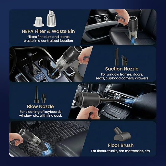 VIMALIFE 10000Pa Cordless Car Vacuum Cleaner & Air Duster, Powerful Handheld Auto Vacuum, 42000RPM Motor, LED Light, Type-C Fast Charge, Washable Filter, 5 Multi-Nozzles for Home, Car, Pet Hair, Black
