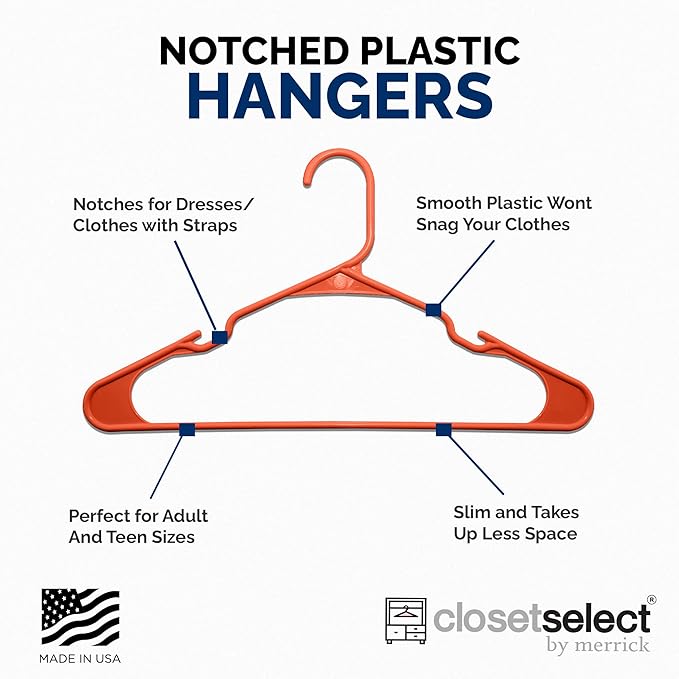 Closetselect Plastic Hangers 50 Pack - Space Saving Clothes Hangers, Made in USA, Durable & Strong Plastic Shirt & Coat Hanger with Notches & Shoulder Grooves, Non-Slip Hangers | Bright Orange