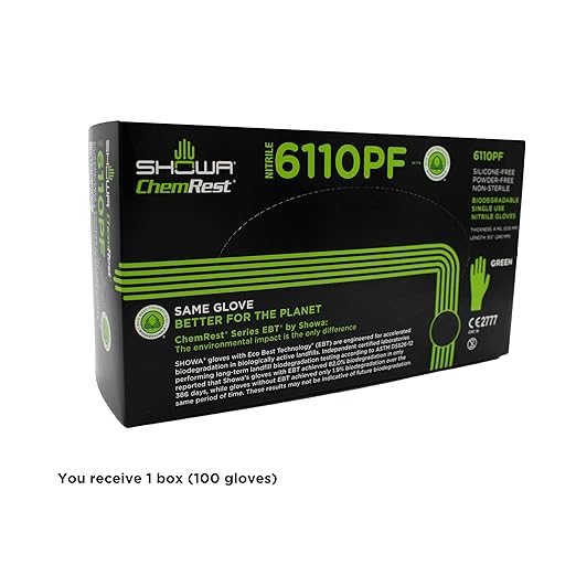SHOWA 6110PF Sustainable EBT Latex-Free, Powder-Free, Nitrile Disposable Single Use Safety Gloves, 4 Mil, 9.5" Length, Medium (1 Box/100 Gloves)