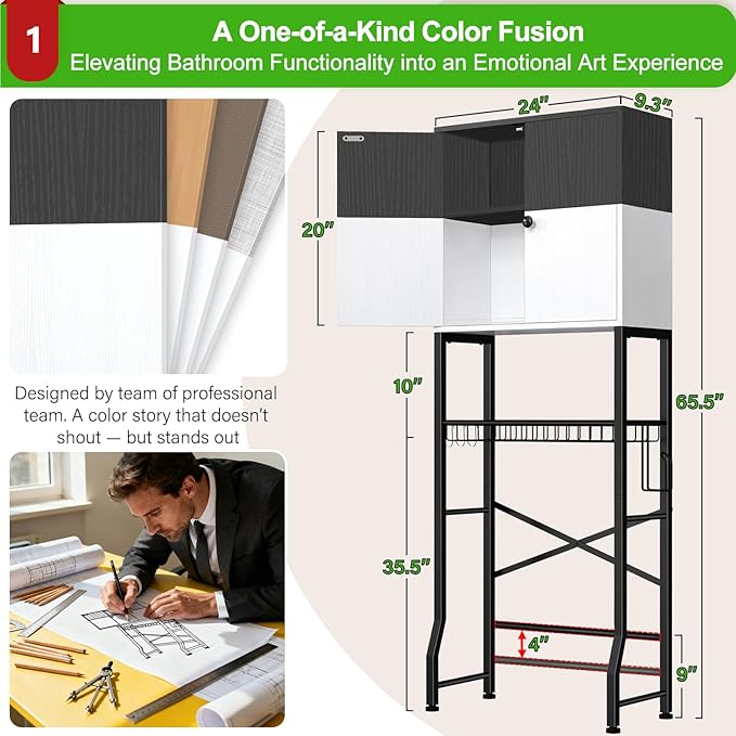 Over-The-Toilet Storage Rack, 4-Tier Bathroom Organizer Shelf Over Toilet with Barn Doors Cabinet and Basket, Freestanding Space Saver Bathroom Shelves with Paper Holder Above Toilet (Black & White)