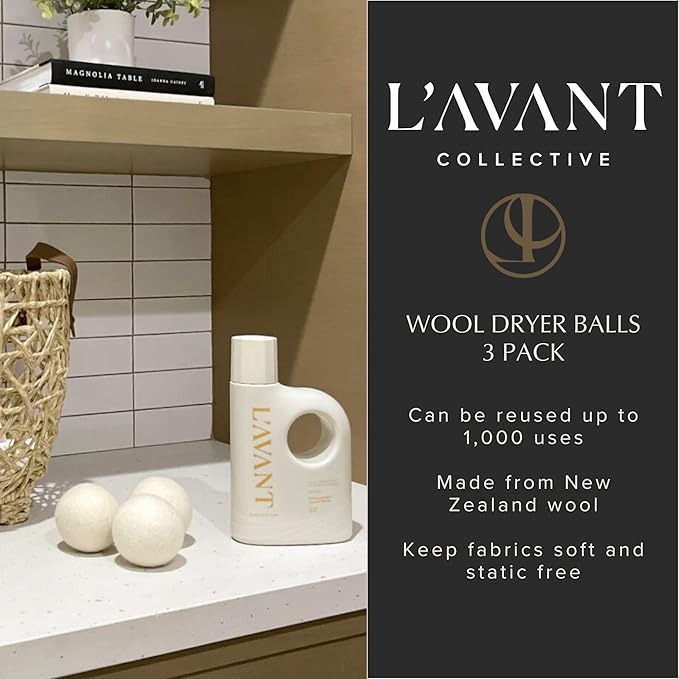L’avant Collective Set of 3 Reusable Wool Balls for Dryer | Eco Non Toxic Natural Wool Dryer Balls | New Zealand Wool for Drying Clothes | Premium & Essential Wool Dryer Ball Reducing Clothes Wrinkles