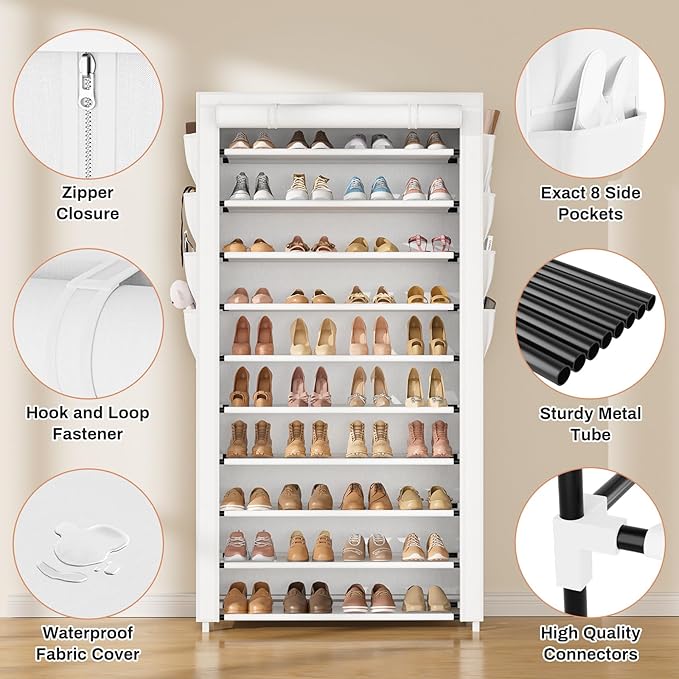 VTRIN Tall Shoe Rack with Cover, 10 Tier Shoe Organizer Storage for 50-55 Pairs Shoes and Boots Large Capacity Shoe Shelf with 8 Pockets Free Standing Shoe Rack for Closet, Entryway, Garage, White