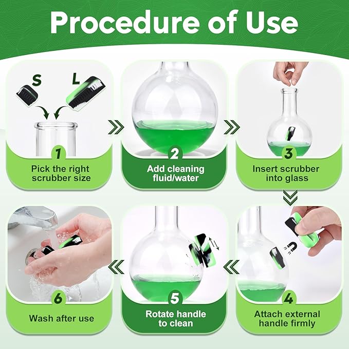 Magnetic Glass Cleaner Kit - Reusable Pipe Cleaning Tool Deep Cleans Hard-to-Reach Stains Two Silicone Brush with Handle Design Versatile for Glassware, Ceramic Surfaces, Green