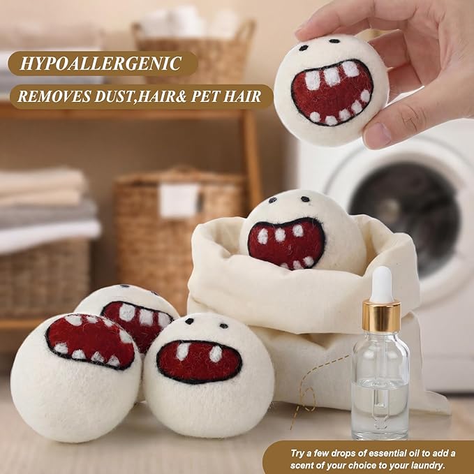 Soulchen 6 Pack Reusable Wool Dryer Balls with Cute Design, Laundry Accessories for Efficient Drying Soften Laundry Reduce Wrinkles Static Pet Hair Remover(Monster)