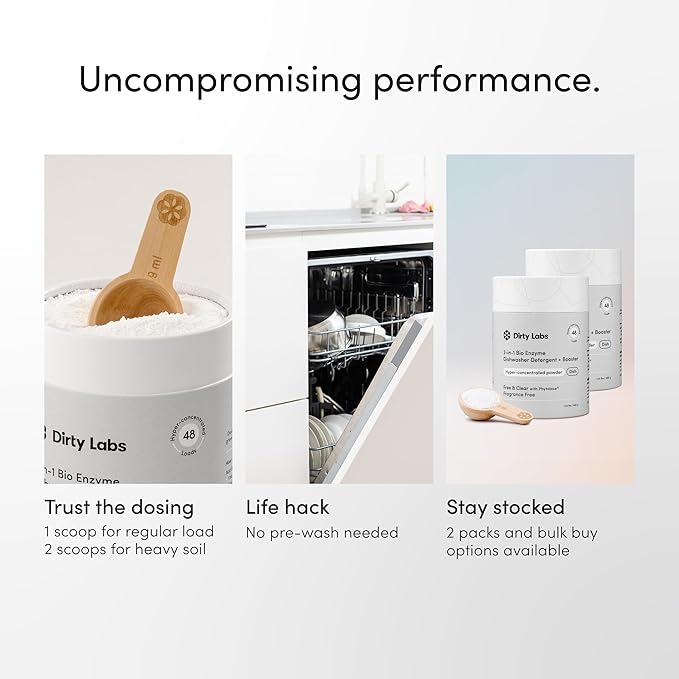 Dirty Labs | Dishwasher Detergent and Booster | Scent Free | 96 Loads (2 lbs) | Ultra Clean, Spot Free, Quick Wash Optimized | Hyper Concentrated