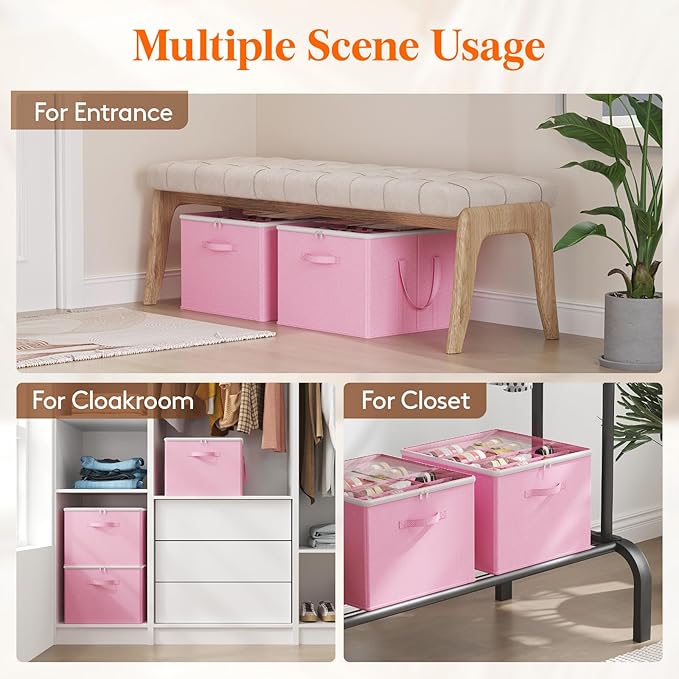 Lifewit 6 Pack Shoe Storage Organizer for Closet, Large Shoe Box Storage Containers with Clear Cover, Foldable Storage Bins Fit for Boots Fits 72-96 Pairs (Each 12-16 Pairs) Pink