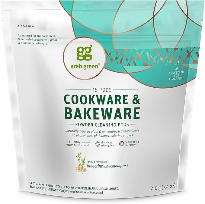 Grab Green Cookware and Bakeware Cleaner Pods, 4 Bags of 15 Pods, Tangerine Lemongrass Scent, Plant and Mineral Based, Removes Burnt-On Food, Eliminates Grit and Grime, No Scrubbing Necessary