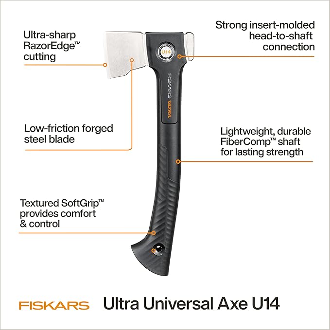 Fiskars Ultra Universal Axe U14, Precision-Ground RazorEdge Double-Hardened Steel Blade Stays Sharp, Lightweight FiberComp Shaft & SoftGrip Handle for Chopping & Kindling, 14", Black