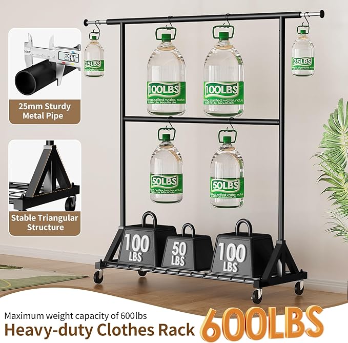 Luxspire Heavy Duty Clothes Rack Load 600 LBS, Double Rod Clothing Rack, Rolling Garment Racks with Lockable Wheels, Shelves, Adjustable Laundry Hanging Racks for Clothes, Black