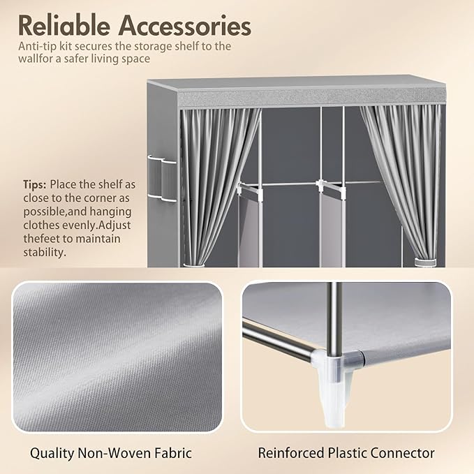 ALSO GO Portable Closet, Storage Organizer Wardrobe with Non-Woven Fabric Cover, with 3 Hanging Rods, 6 Storage Shelves and Side Pockets, Free Standing Clothes Rack with Non-Woven Fabric Cover, Grey