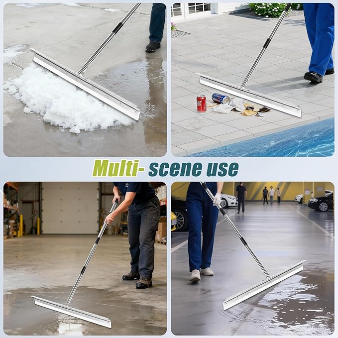 Heavy-Duty 33.4" Floor Squeegee for Concrete, Industrial Silicone Blade Squeegee for Floor with 63" Stainless Handle, Anti-Splash Curved Baffle Design for Garage, Factory, Warehouse
