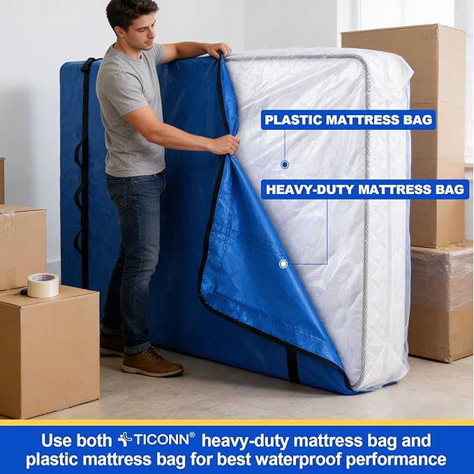 TICONN 2PK Plastic Mattress Bag for Moving Storage, Waterproof Mattress Protector Cover, Heavy-Duty Mattress Moving Supplies (1.5 mil, Full)
